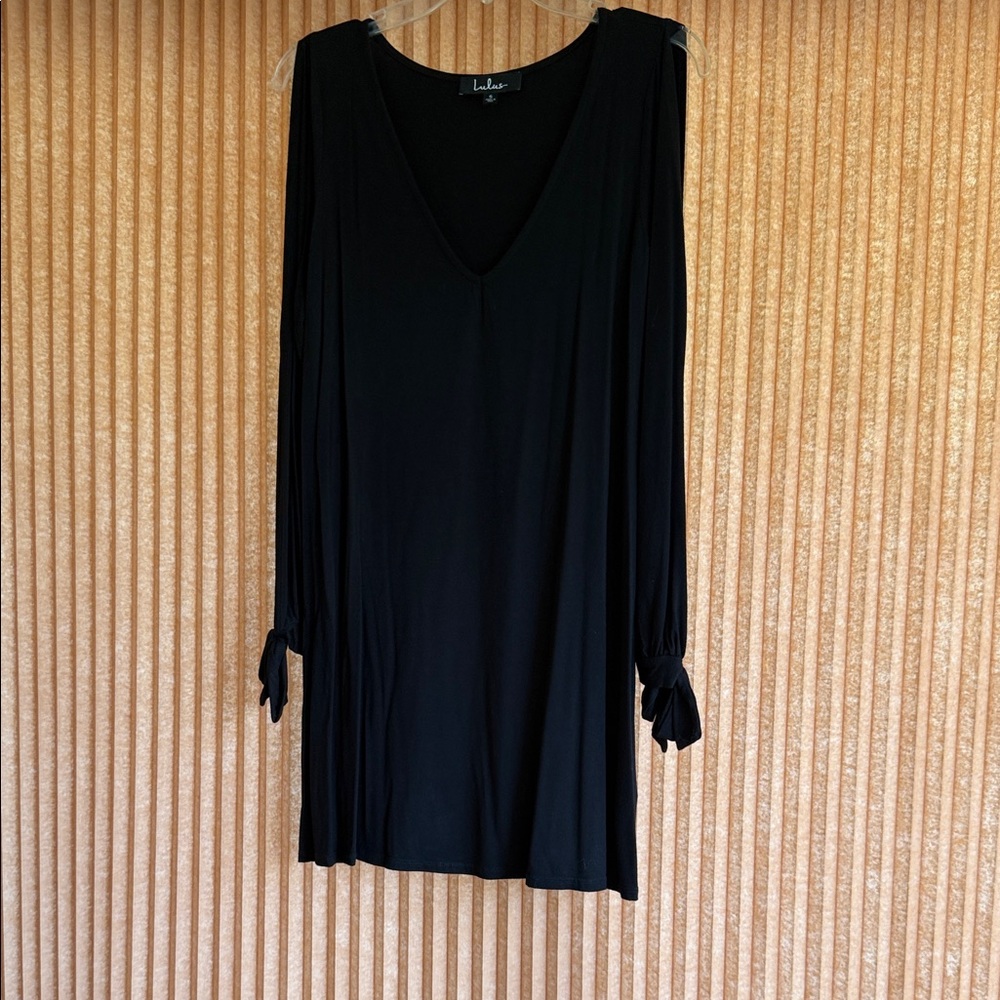 Lulu's Black Dress with Long Sleeves with cutouts and Tie Cuffs